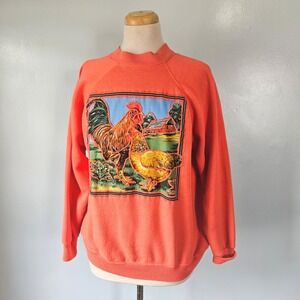 Vintage Hanes Her Way Rooster Chicken Farm Sweatshirt Orange Large 90s Raglan